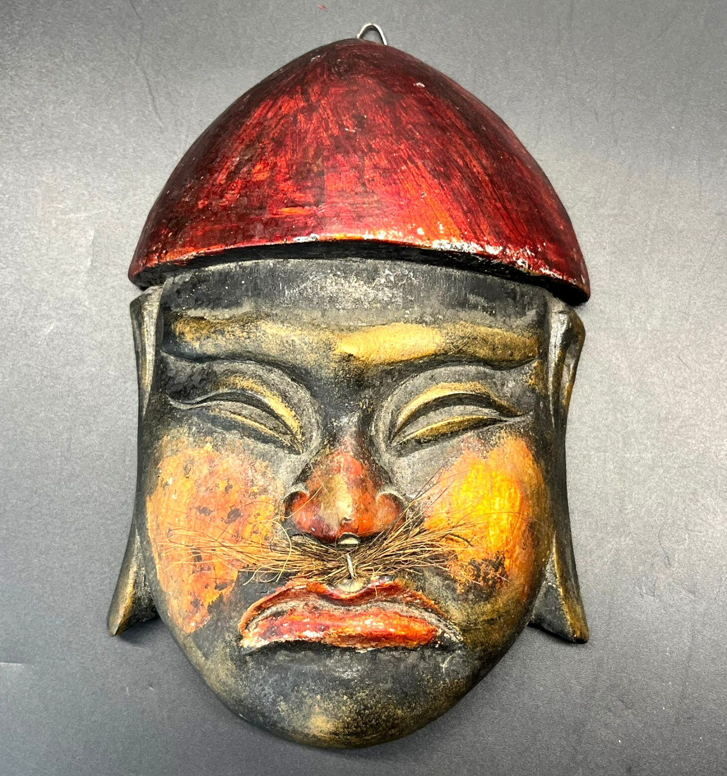 Old Vintage Hand Carved Painted Wood Asian Mask Chinese Man Red Hat Moustache