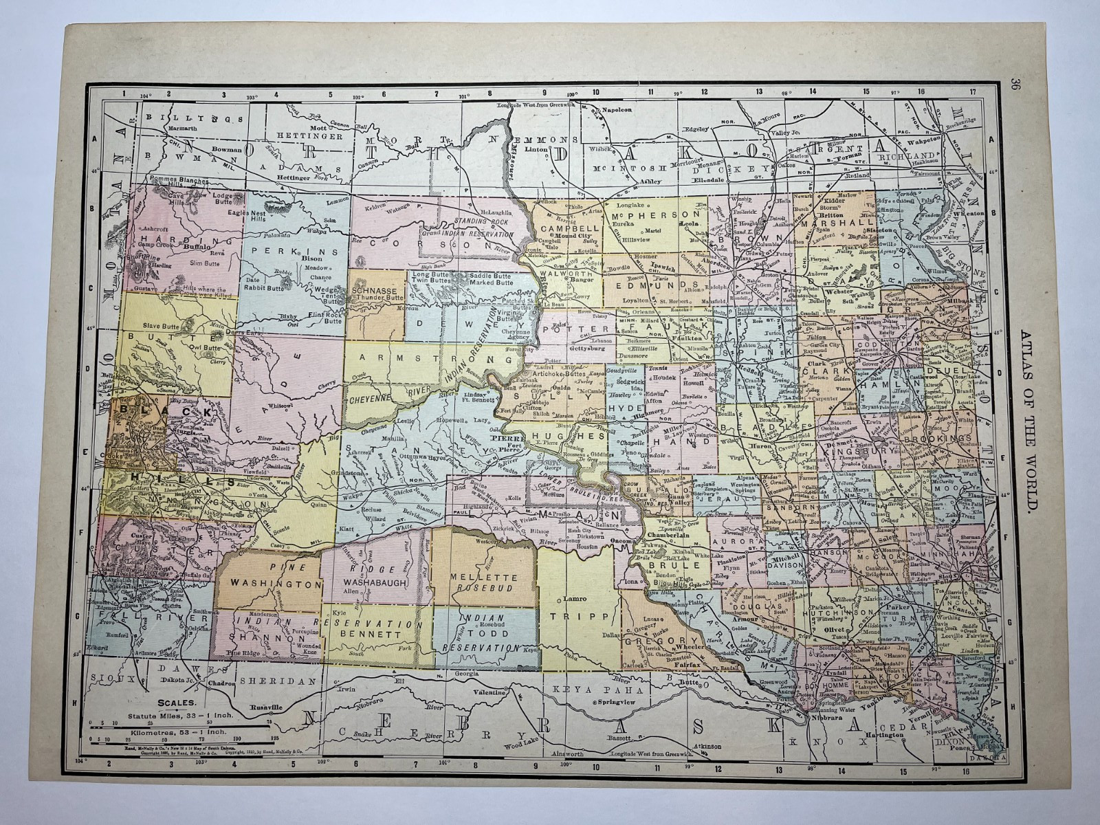 1895 / 1910 “Full Color” NORTH DAKOTA Map fm 1911 New Census Atlas SEE DESCRIP