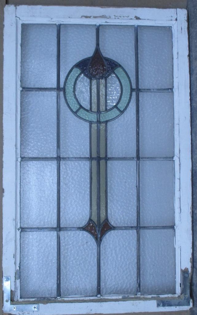 LARGE OLD ENGLISH LEADED STAINED GLASS WINDOW FLORAL CREST 22 1/2″ x 36 3/4″
