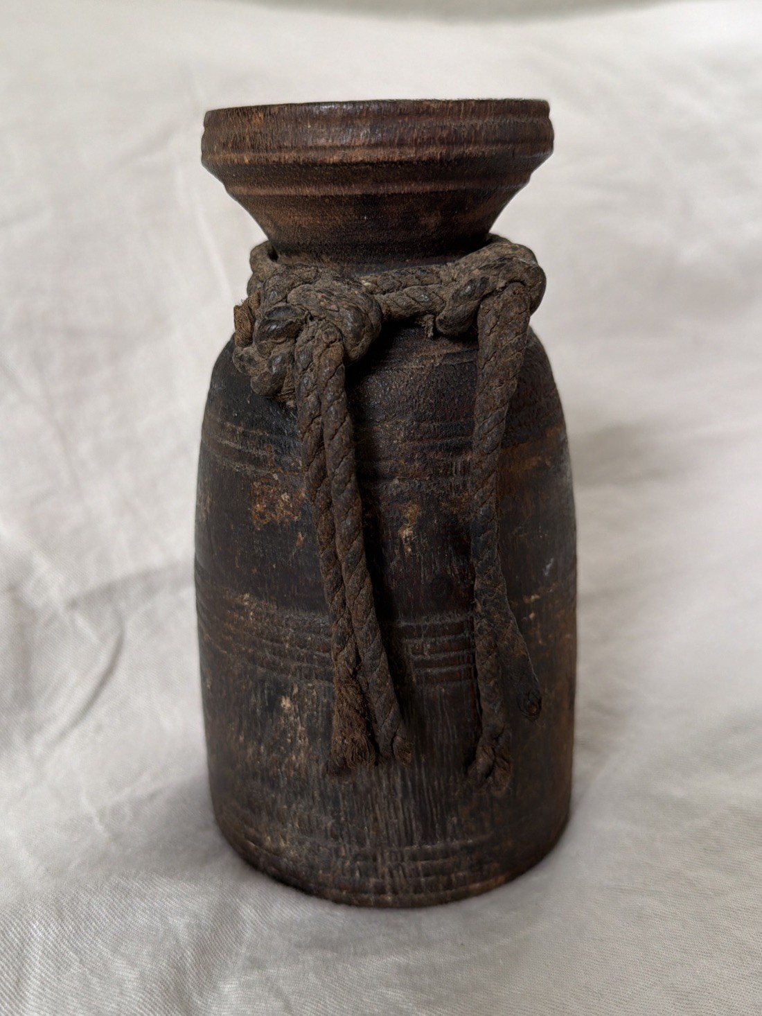 Antique Wooden Hand Carved Himachal Water Pot Vase Storage Vessel 6” Rope As Is
