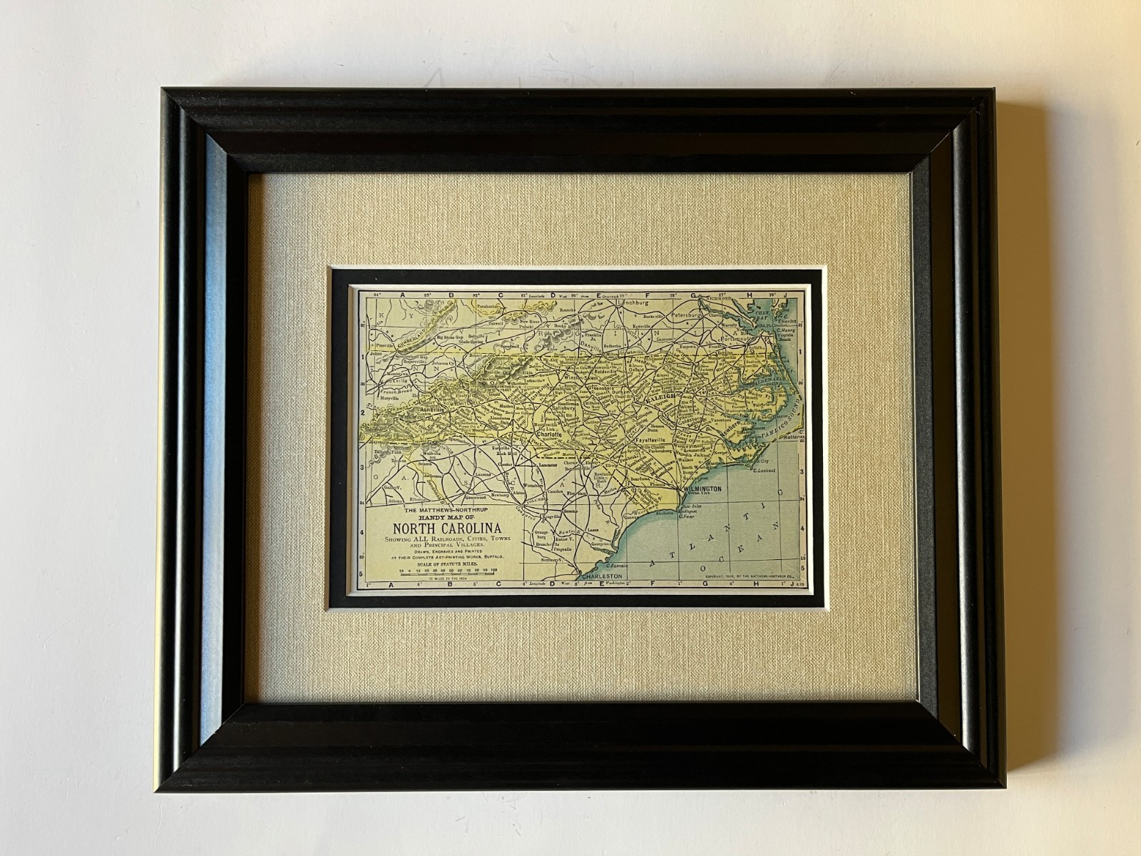 1898 NORTH CAROLINA Map by Matthews-Northrup Co. Framed w/Dbl Mat SEE DESCRIP