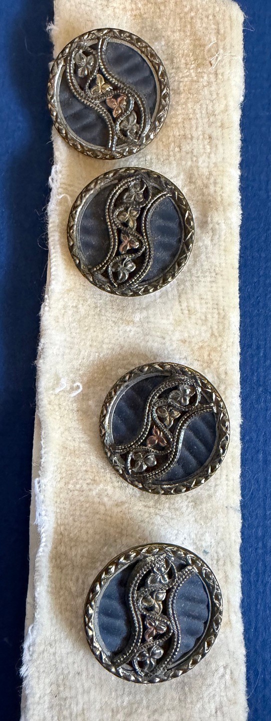 Four 1800s Antique Victorian 1 1/8″ Buttons Metal Brass Leaves Blue Background