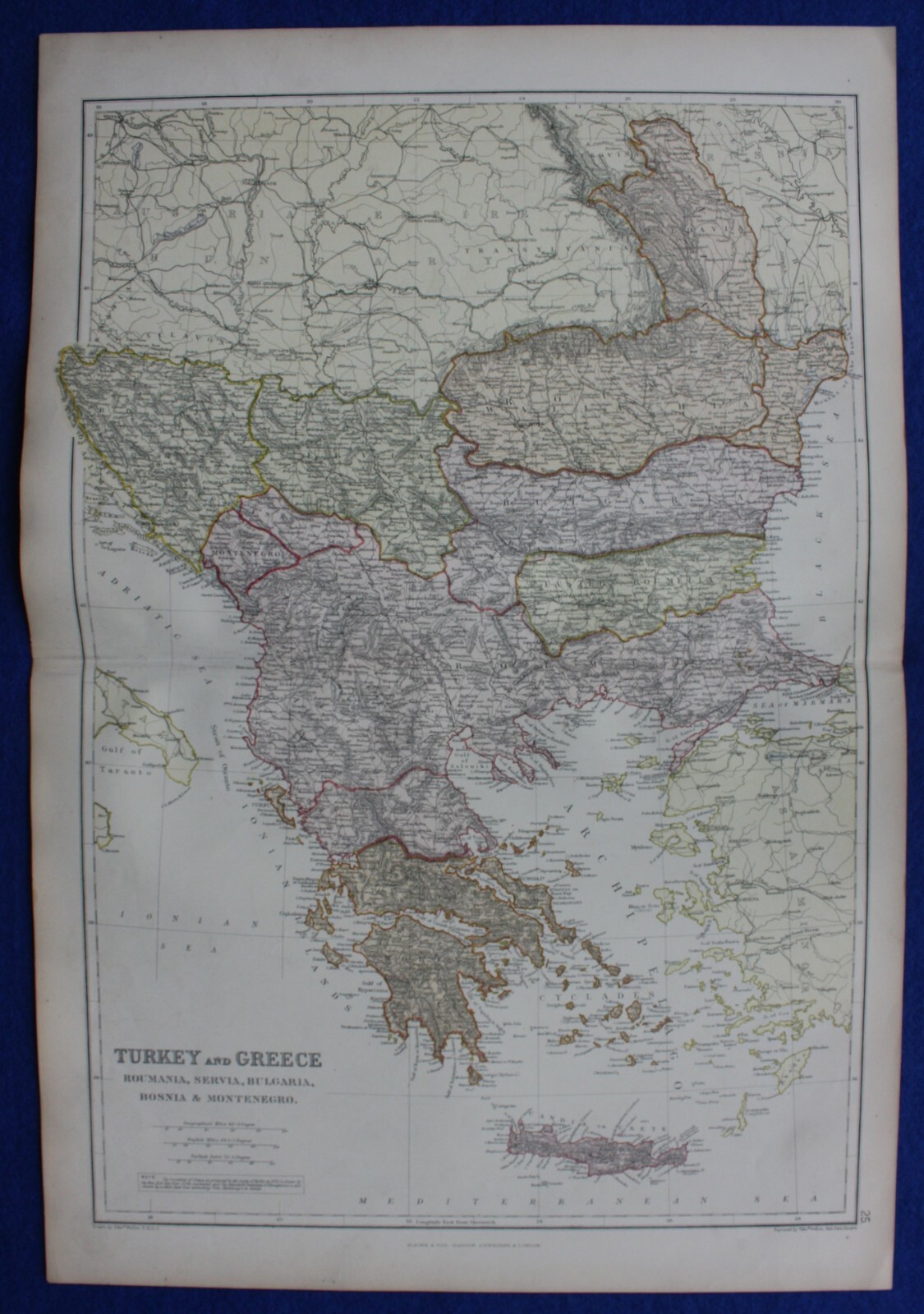 GREECE, BALKANS, ROMANIA, BOSNIA, SERBIA, original antique map, Blackie, 1882