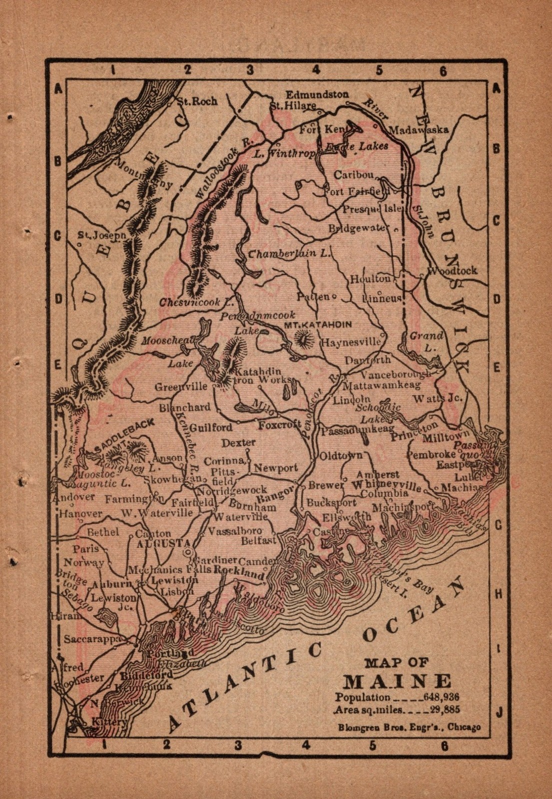TINY Antique Maine Map 1888 MINIATURE Vintage State Map of Maine 3037
