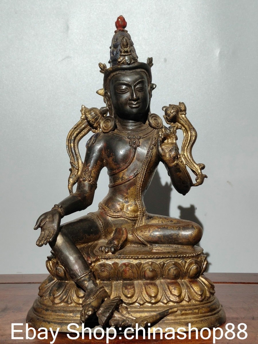 12″ Old Tibet Bronze Gilt Buddhism Green Tara Enlightenment Goddess Statue
