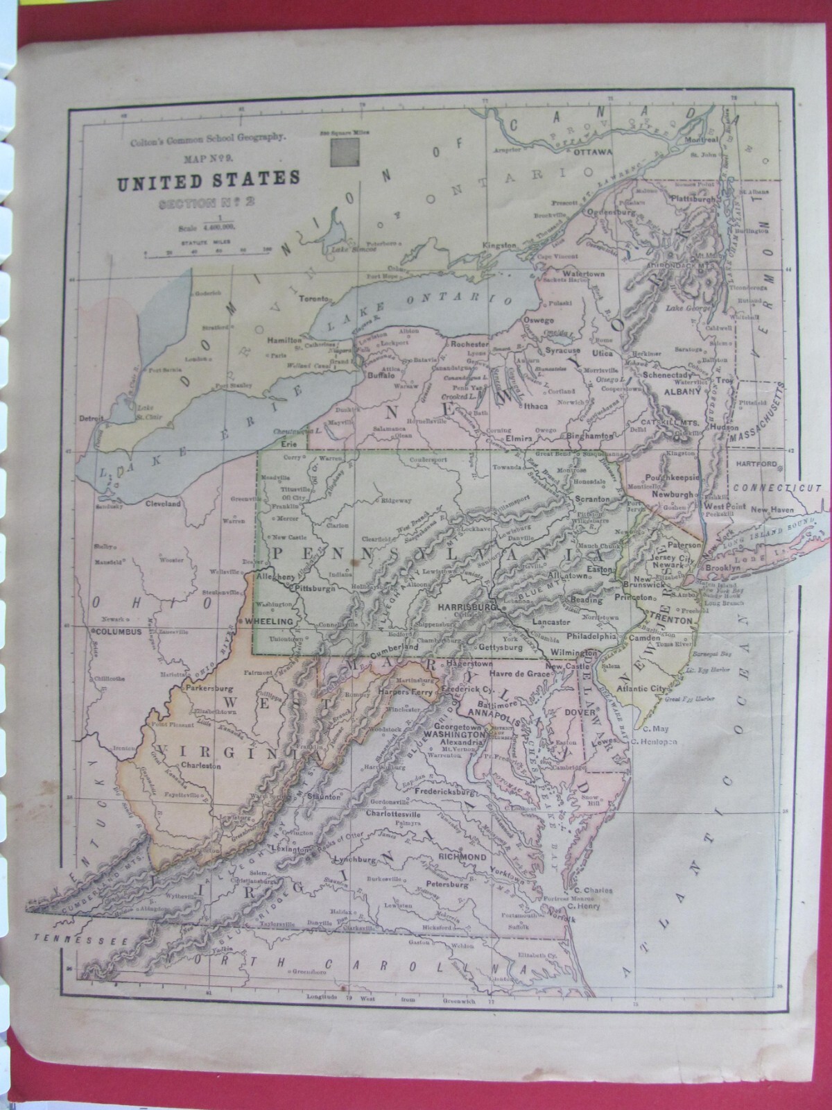 EASTERN UNITED STATES NEW YORK PENNSYLVANIA VIRGINIA + 1880 COLORED COLTON’S MAP
