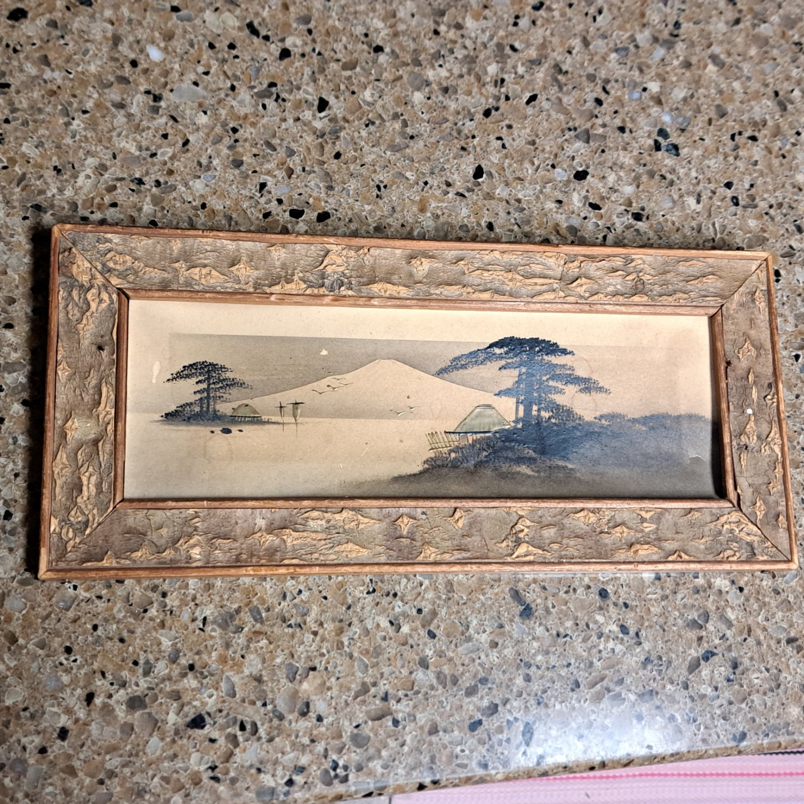 Vintage Japanese Painting Black and White W/Gold accents Mount Fuji Very Old