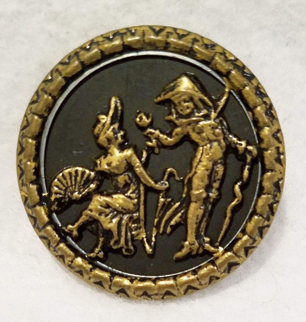 SUPER ANTIQUE BRASS/METAL BUTTON W/FOPS LADY SITTING AND GENTLEMAN, 1-5/16″