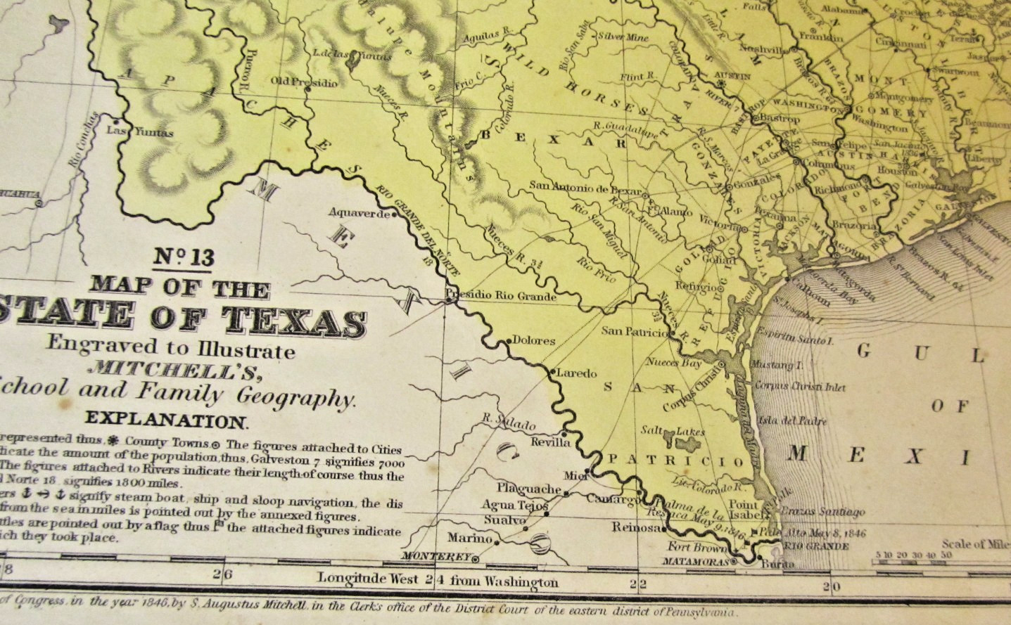 1846 Mitchell Texas Map Wild Horses High Prairies Rio Grande Del Norte Border