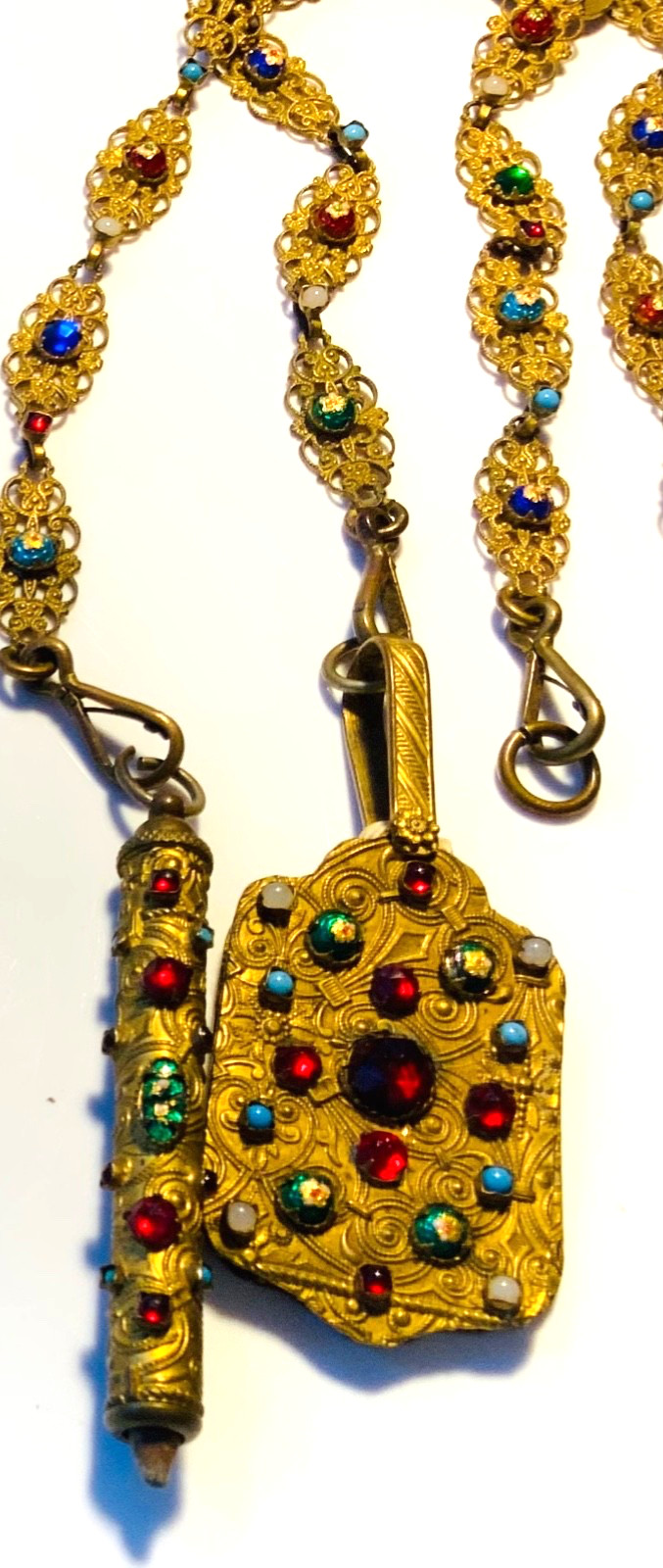 STUNNING! EXTREMELY ORNATE Antique BRASS*JEWELED*ENAMEL*FRENCH*Vanity CHATELAINE