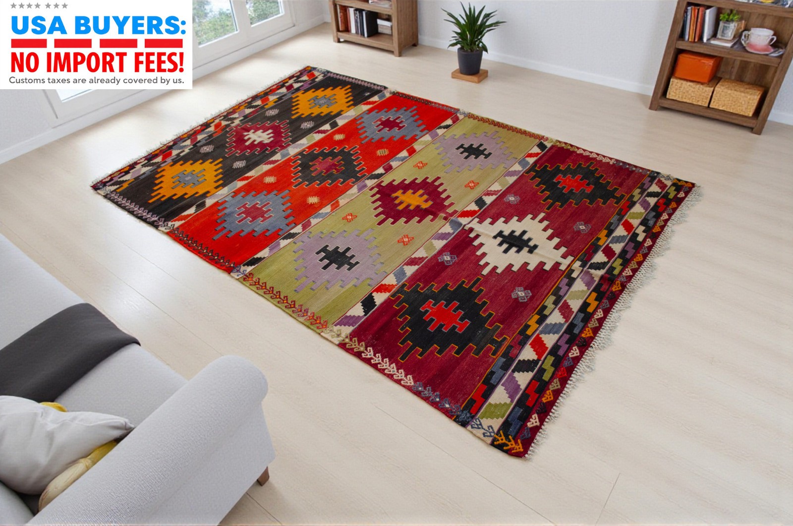 Vintage Turkish Kilim Rug – Hand-Spun Wool, Natural Dyes Area rug 5×7 ft Approx