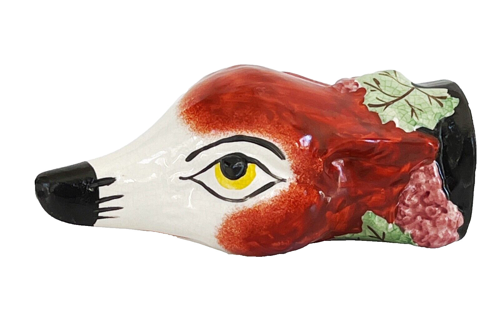 Antique 19thC Hand-Painted Porcelain Fox-Head Stirrup Cup With Grape Leaves
