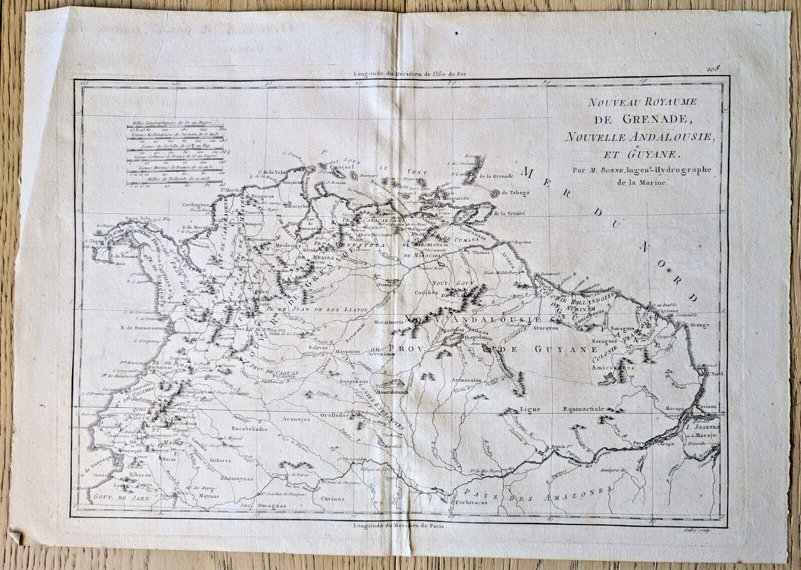 Colombia Venezuela Guyana Ecuador Antique Map Bonne 1780 South America Grenade