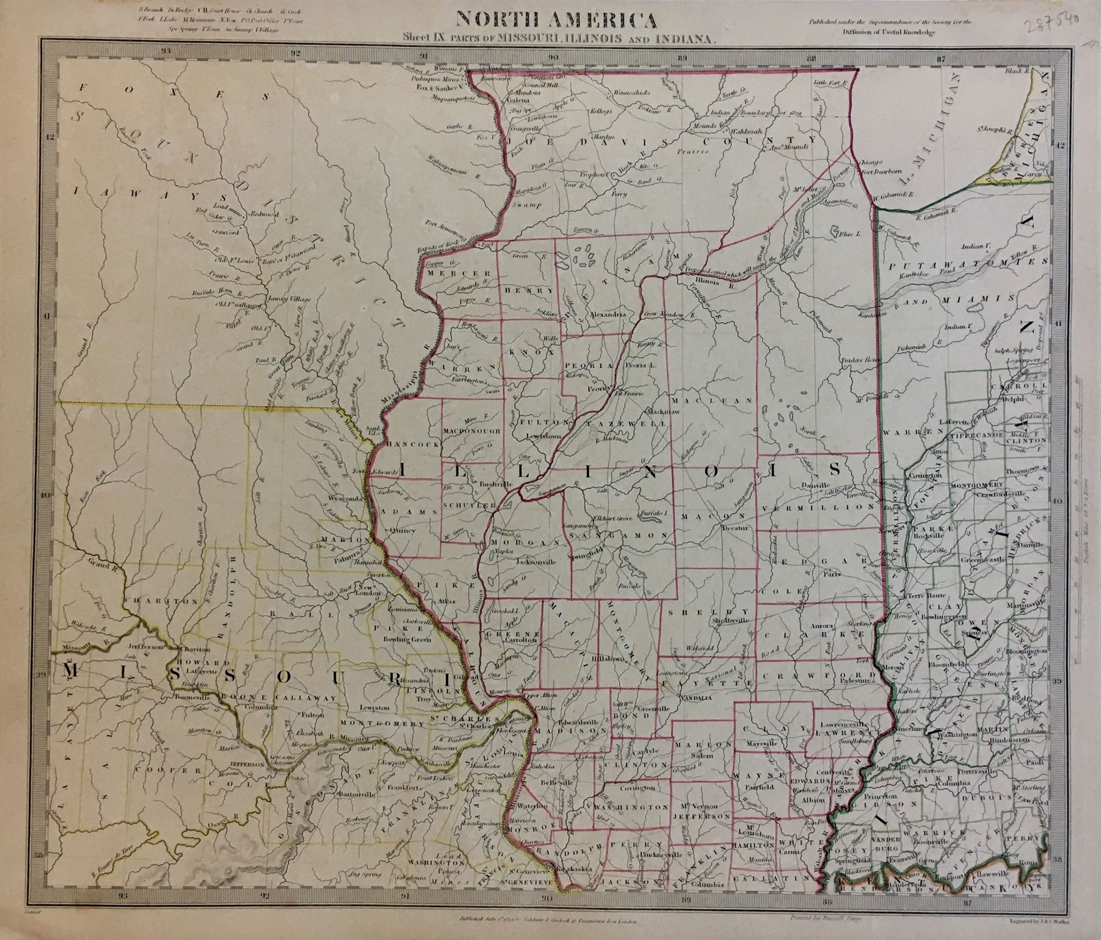 Parts of Illinois, Missouri and Indiana Original 1884 Map
