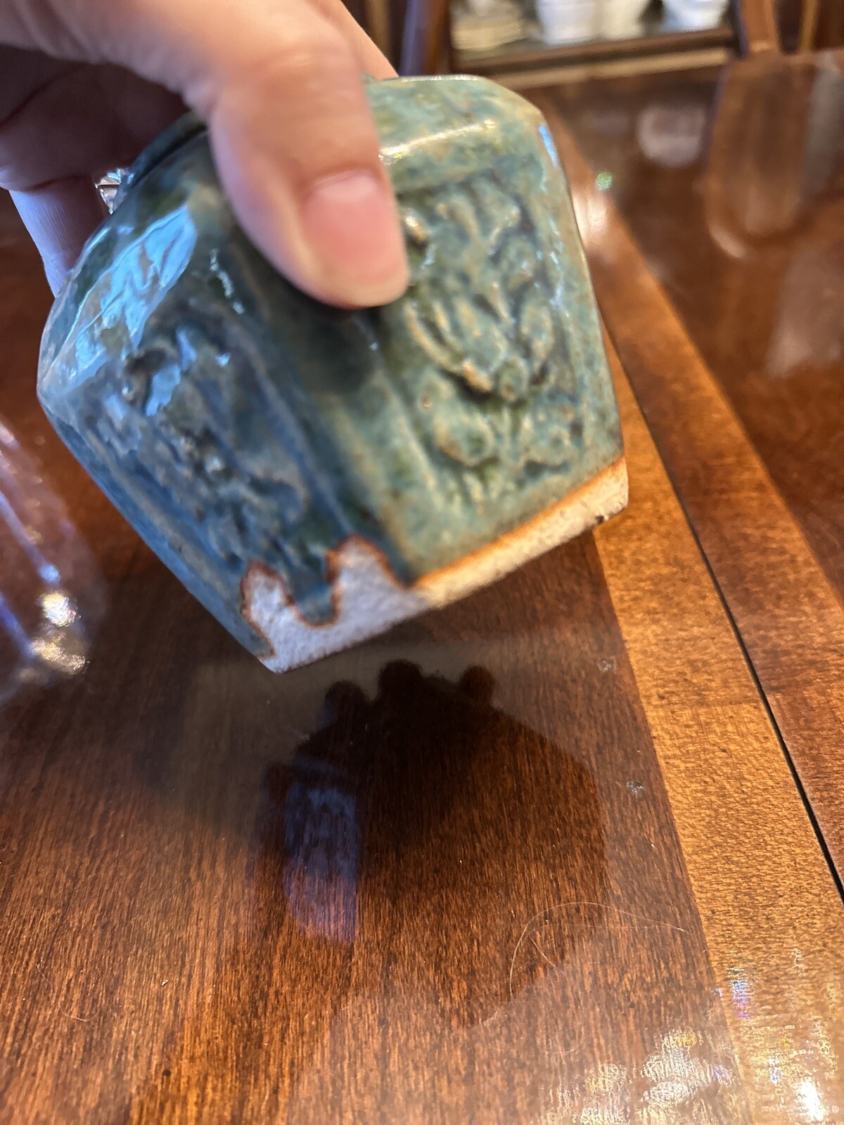 Antique Chinese Green Glazed Earthenware Pottery Hexagonal Ginger Jar