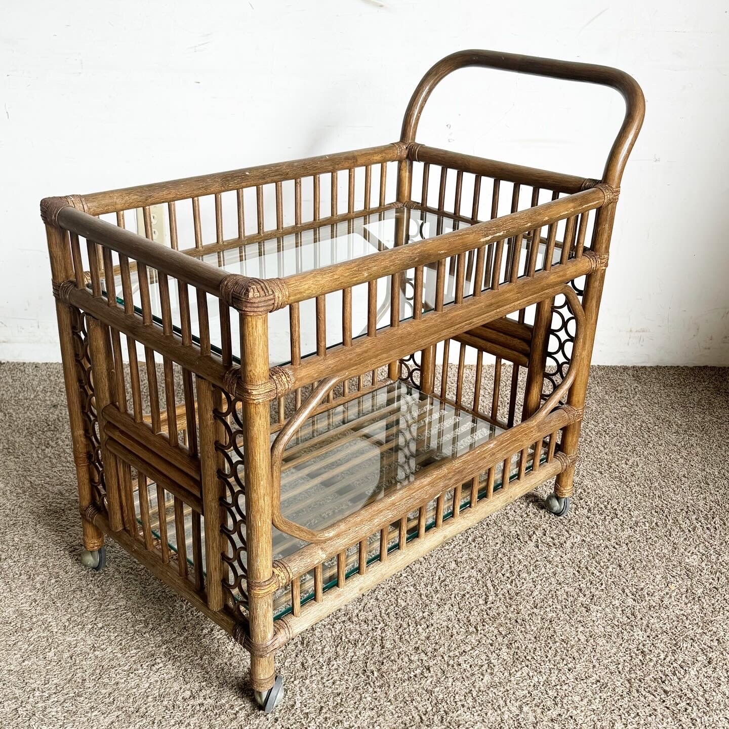 Boho Chic Bamboo Rattan and Glass Two-Tier Bar Cart