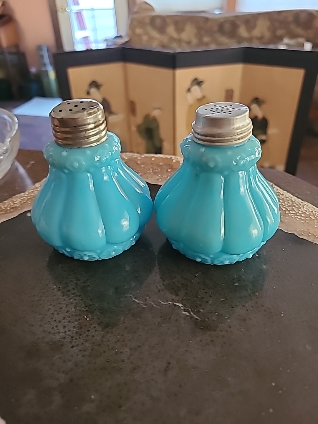 Antique Dithridge & Co. #26 Blue Milk Glass Salt & Pepper Shakers Set Ca 1890s