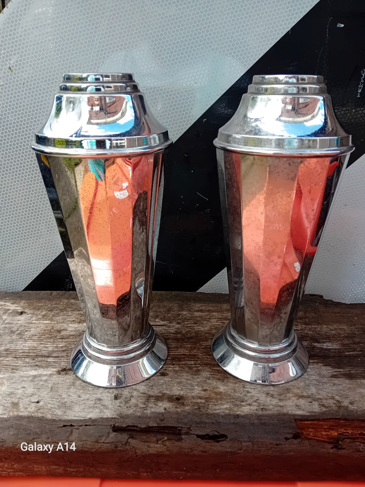 Antique English Art Deco Pair Chrome Plated Stainless Steel Vases C1930 10″