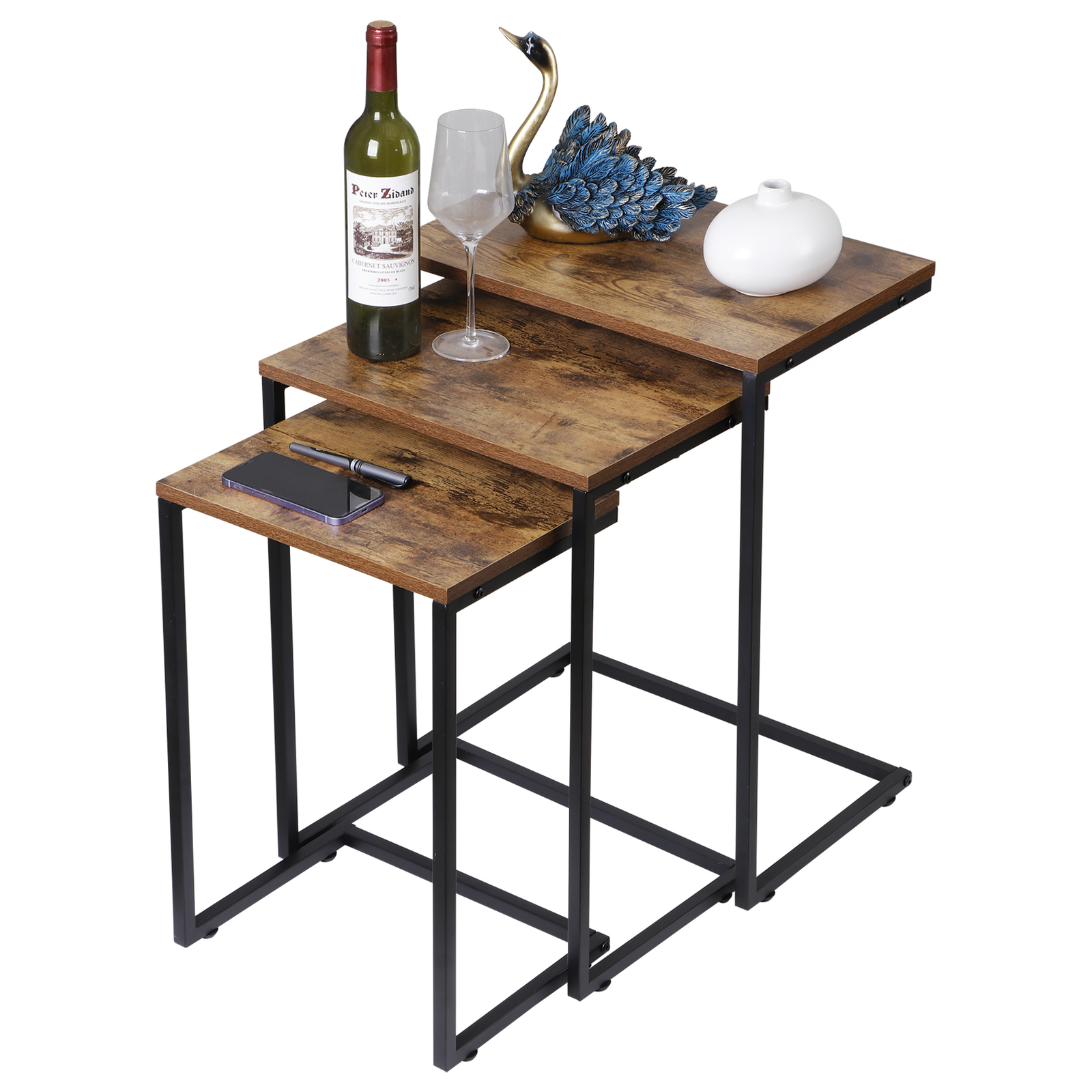 Stackable End Table Brown C-shaped Coffee Nesting Table Set of 3 w/Metal Frame