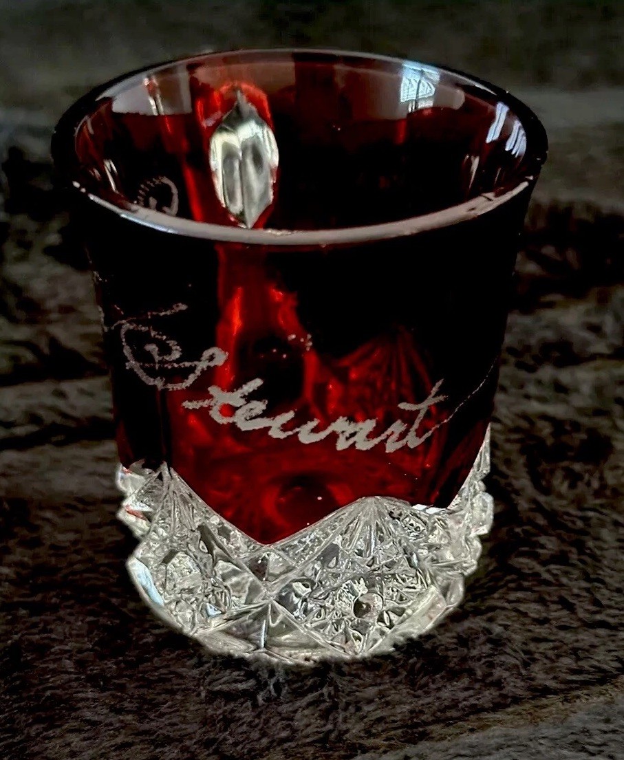 Antique 1912 Ruby Red Flash Glass Souvenir Mugs Set Of 3 Excellent Condition