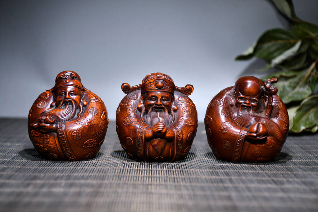 Chinese Natural Boxwood Hand-carved Exquisite Fulushou Figures Statue 6220