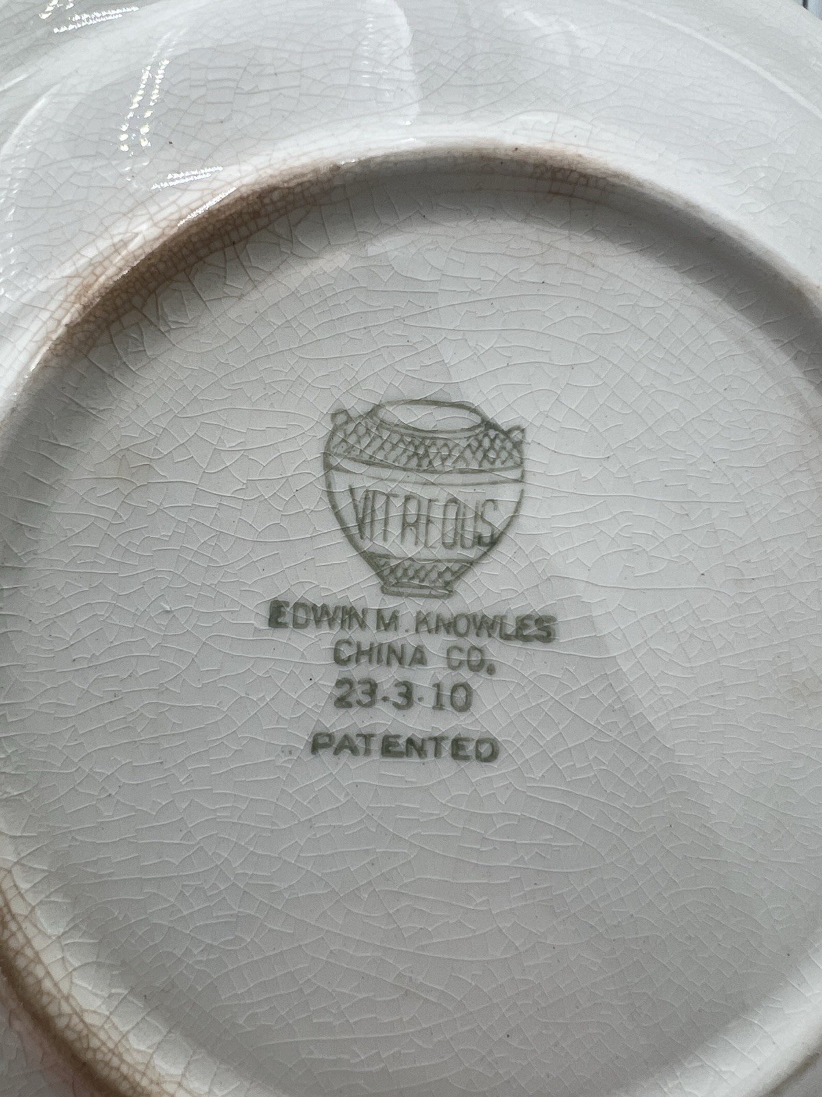 Antique Edwin M Knowles Vitreous Cross Stitch Design Child’s Teacup Saucer Plate
