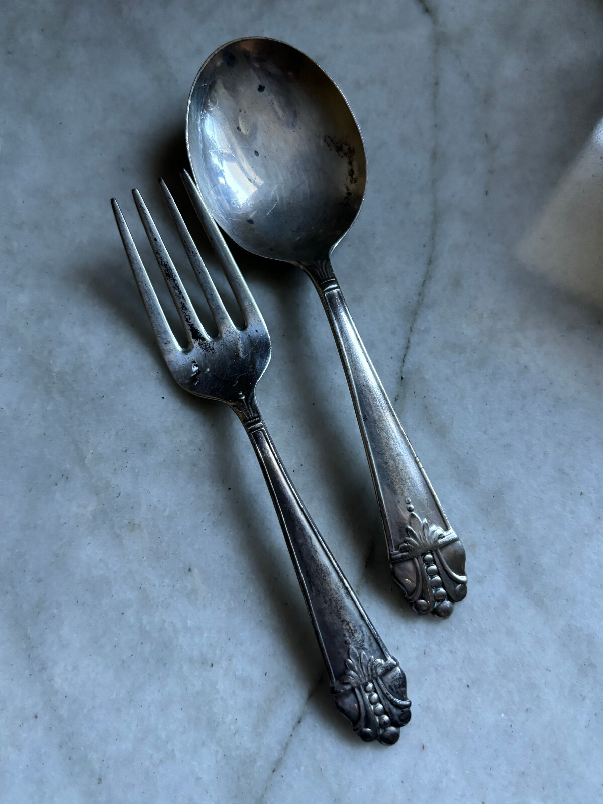 STERLING SILVER BABY SET STERLING SILVER SPOON FORK KNIFE Amcraft c1930s No Mono