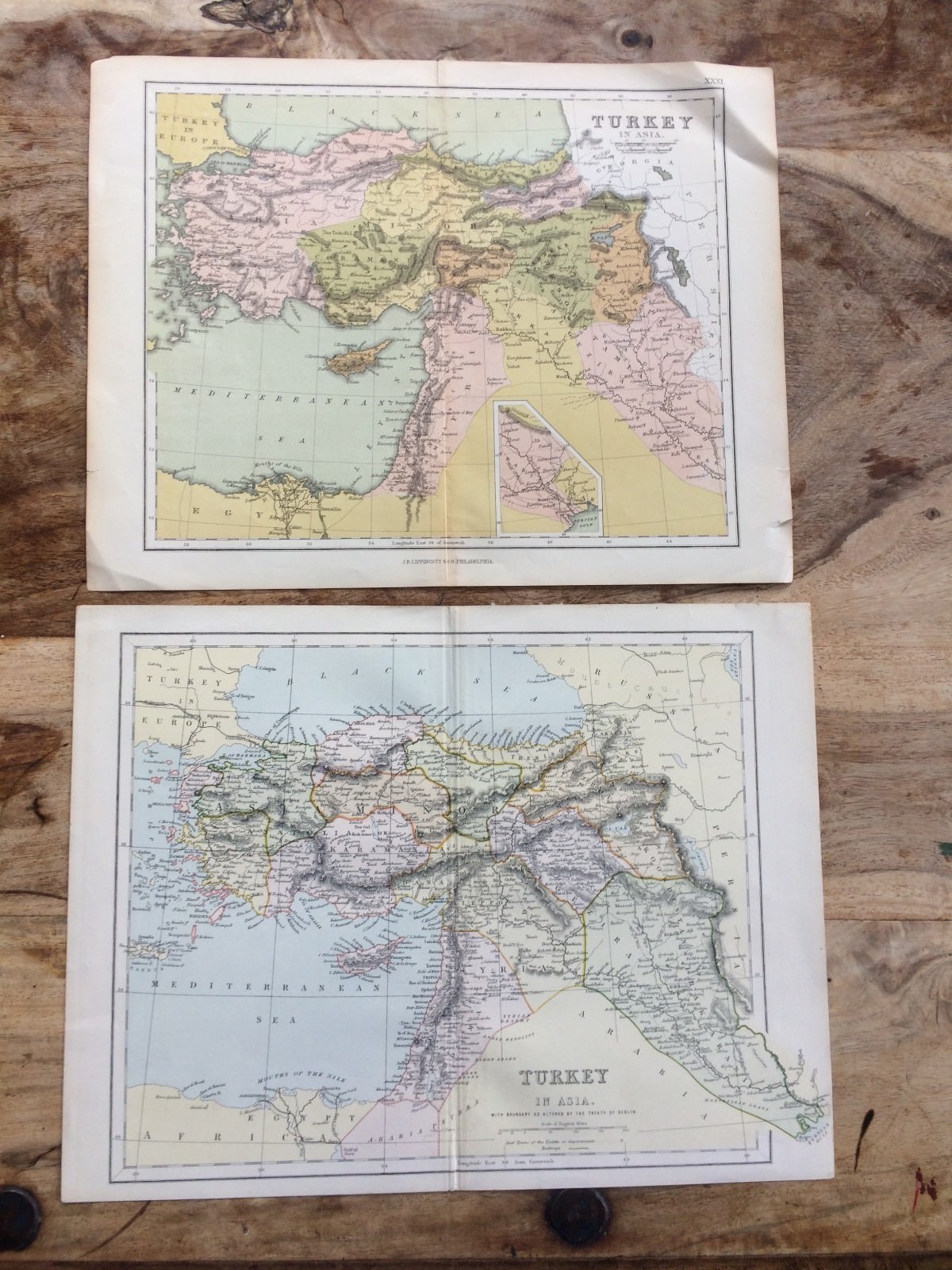 2 Old maps Turkey in Asia -boundry altered by Treaty of Berlin & J B Lippincott
