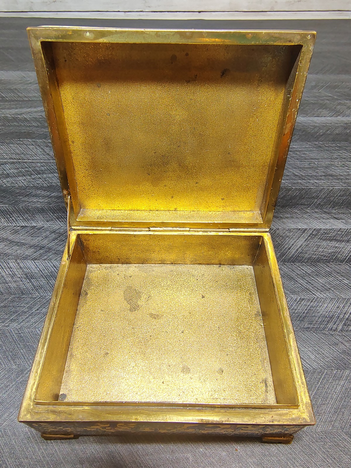 Antique Chinese Republic Yellow Canton Enamel Hinged Brass Trinket Jewelry Box