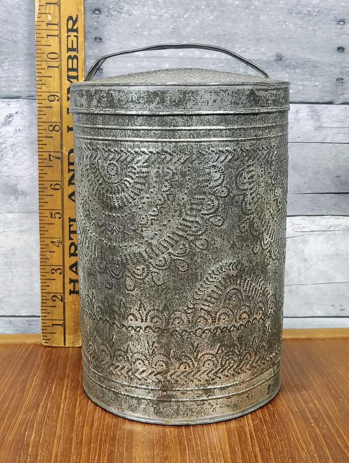 Antique 1800’s Pennsylvania Dutch/German Hand Punched Design Tin Container & Lid