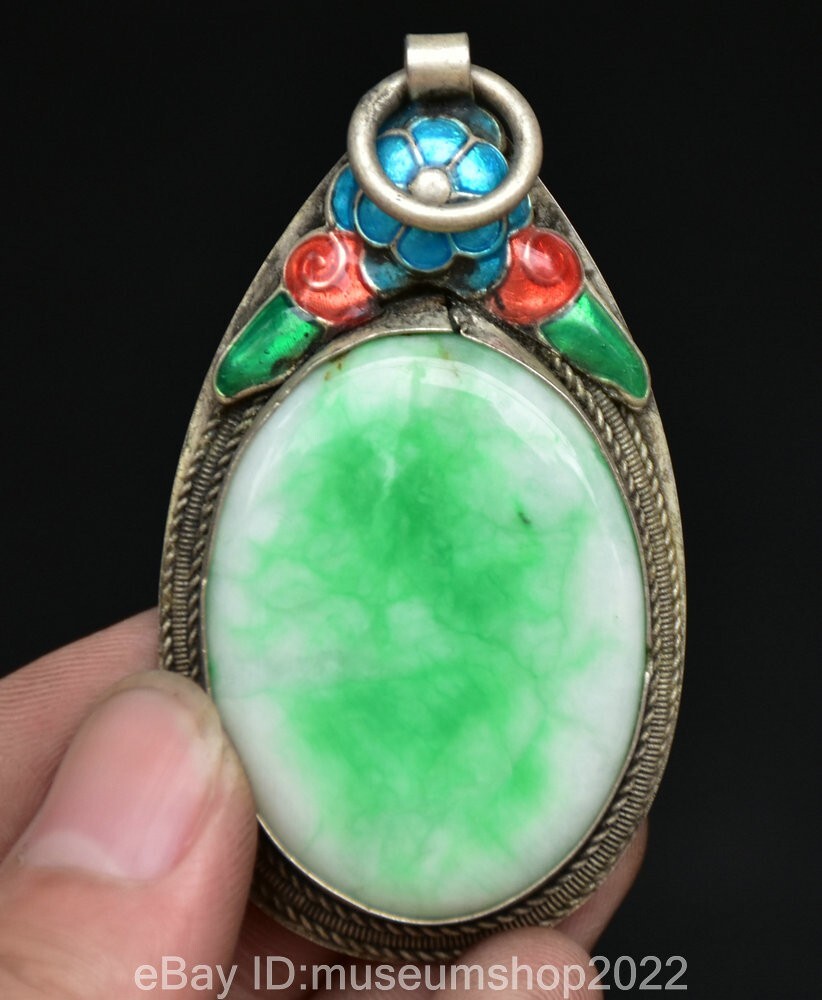 2.4 ” Old Chinese Silver Cloisonne Green Jade Dynasty Flower Pendant Amulet