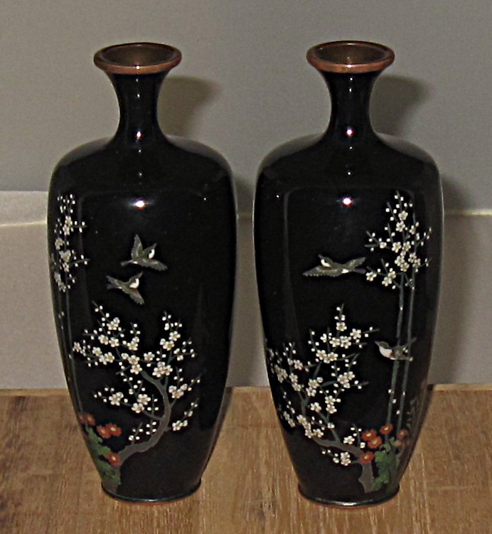 Antique Pair Meiji Japanese Cloisonne Fine Silver Wire Vases- Birds and Flowers