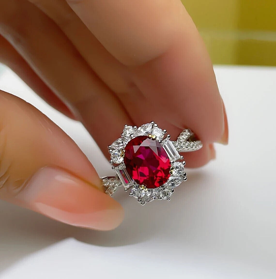4.60 Ct Oval Natural Ruby Diamond Engagement Ring 14K Solid White Gold Size 8