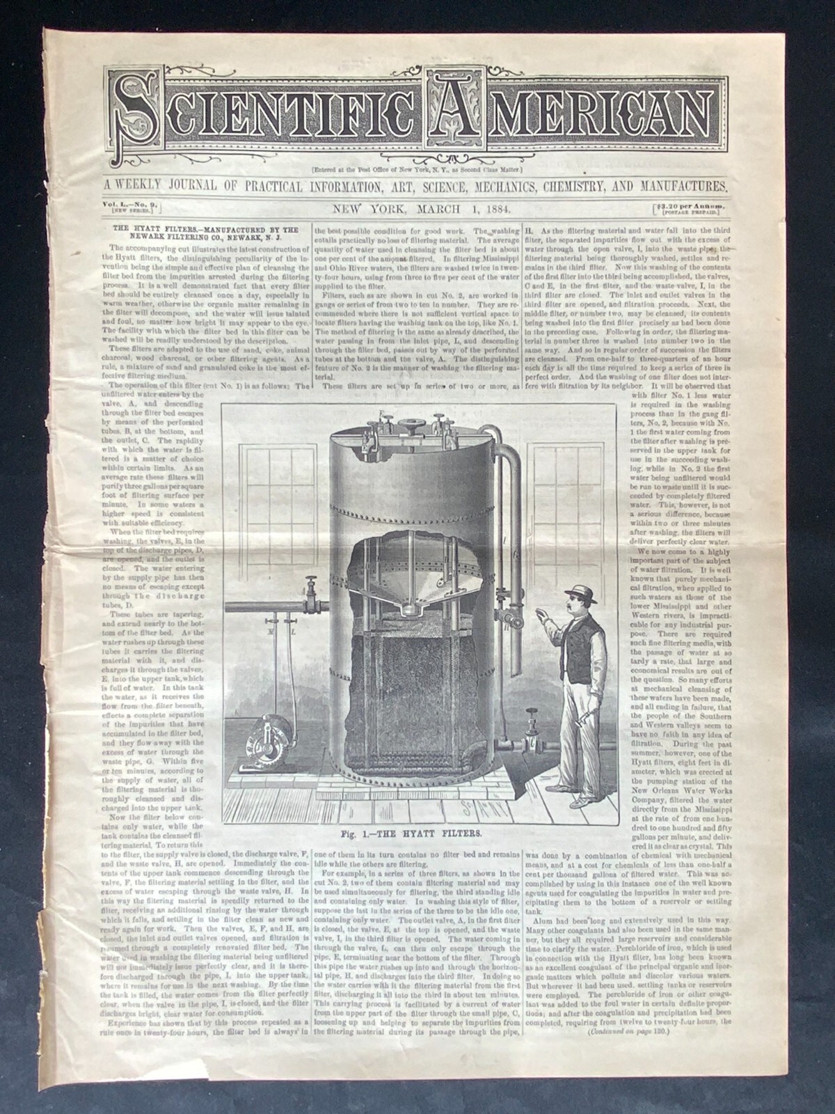 1884 Scientific American Cover Page & Article ~Hyatt Filters Newark NJ