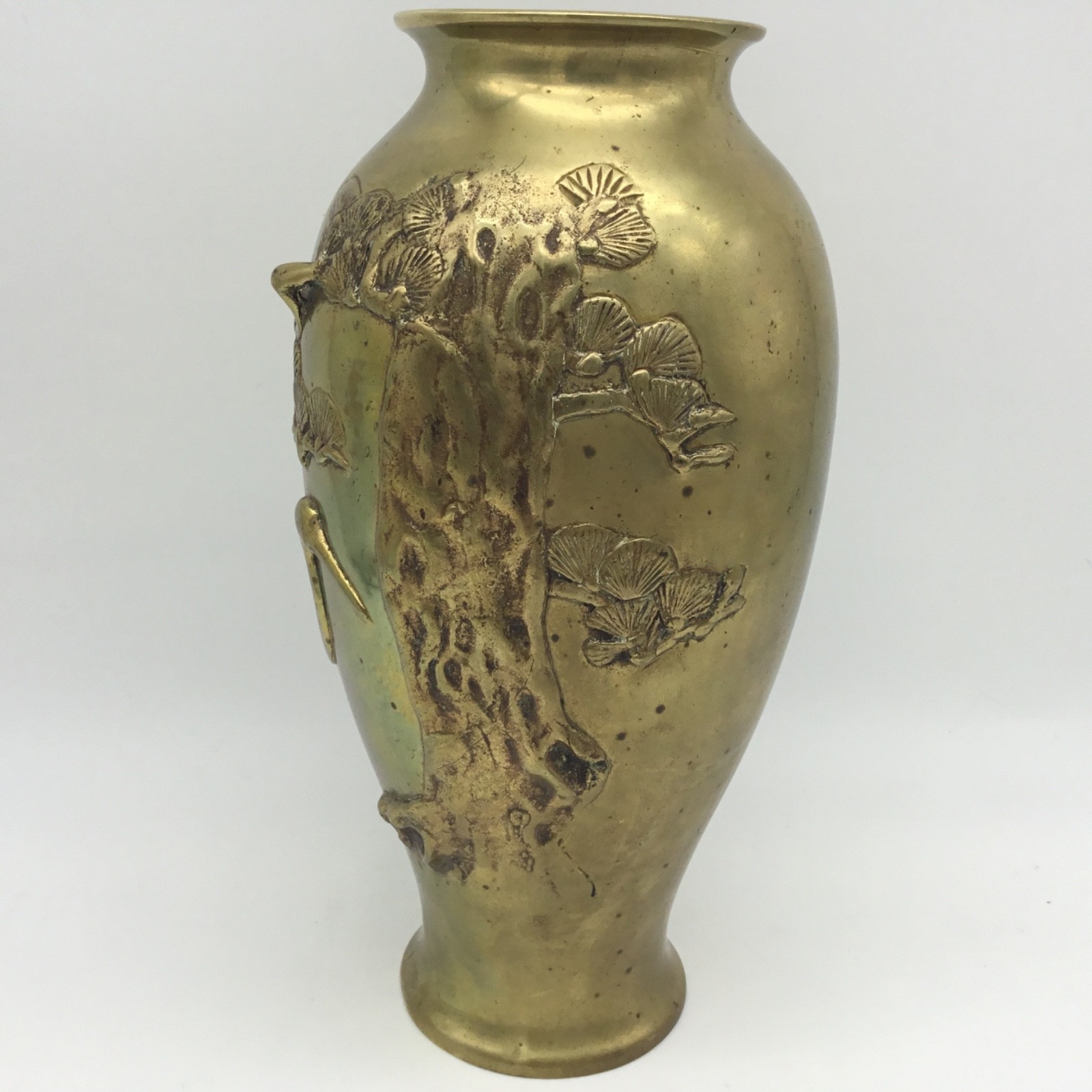 Japanese Brass Vase 9.5” Crane Bonsai Style Pine Tree Bas-relief Patina On Tree