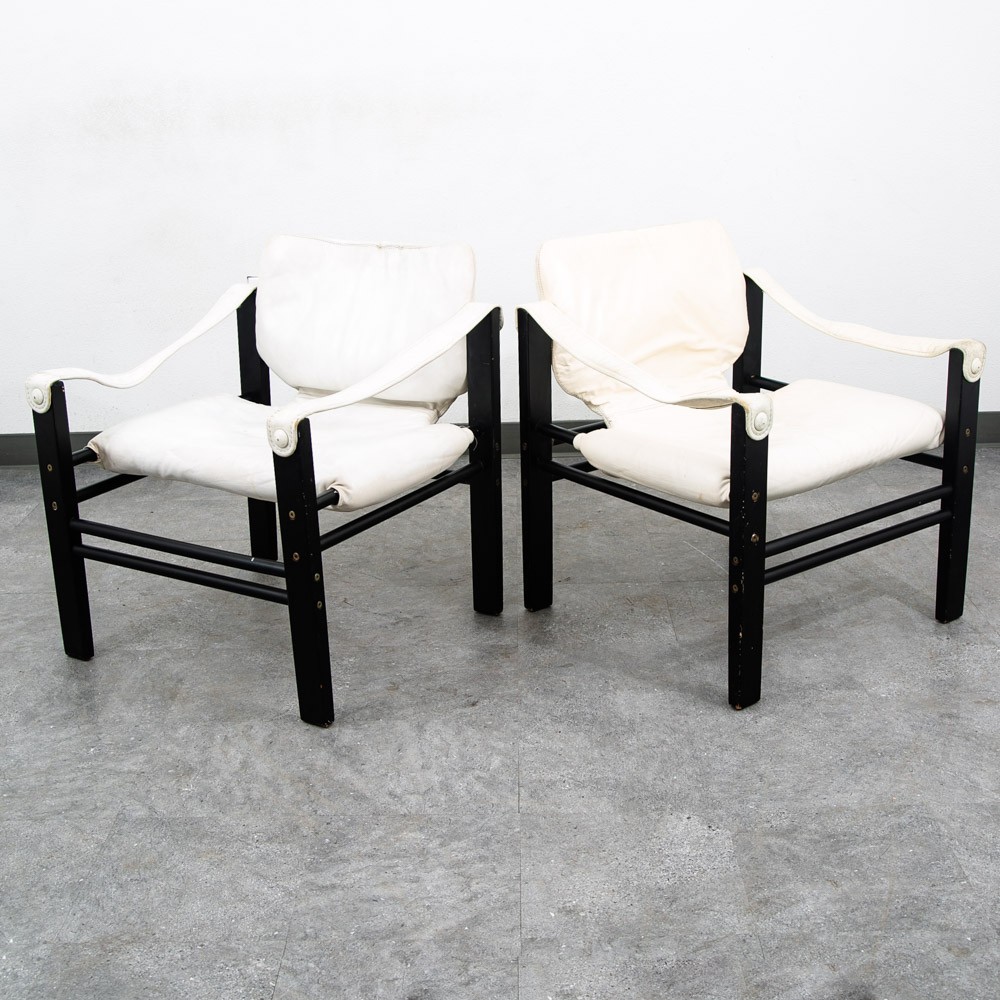 Mid Century Danish Modern Lounge Chair Set White Black Leather Skipper Safari