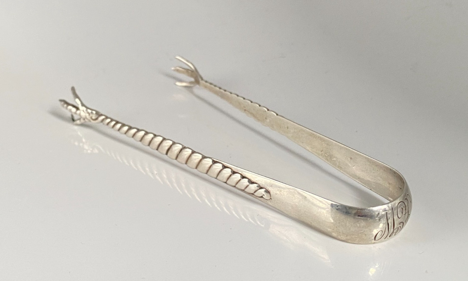 Antique c1880s Solid Silver Barley Twist Bird Claw Sugar Ice Tongs Initials JW