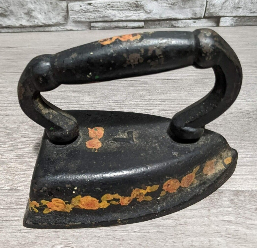 Antique 6″ Cast Iron Folk Art Painted Sad Iron Flat Iron Doorstop Figurine B