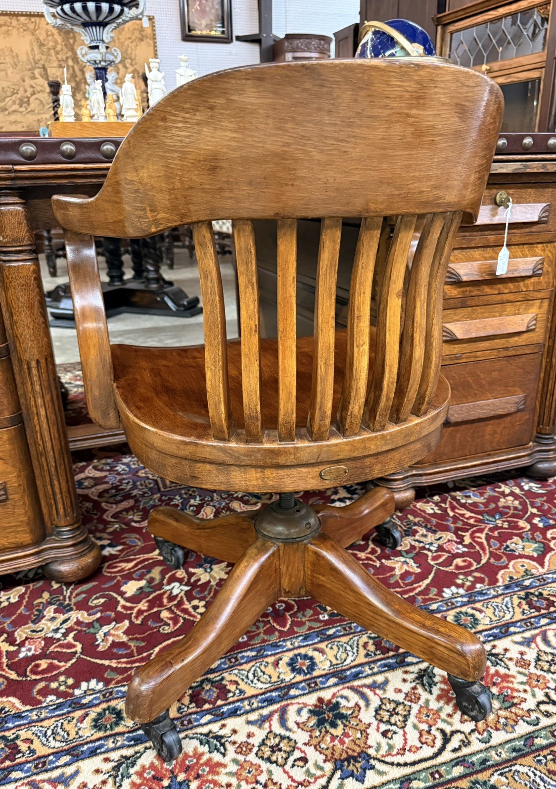 Antique American Solid Oak Swivel Desk Chair Barrel Back Rolling Base Circa 1900