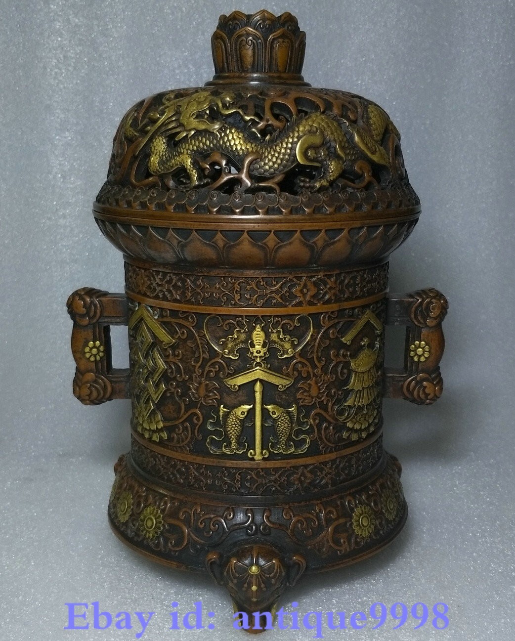 Old Xuande Year Purple Bronze 24K Gold Gilt 8 Auspicious Incense Burner Censer