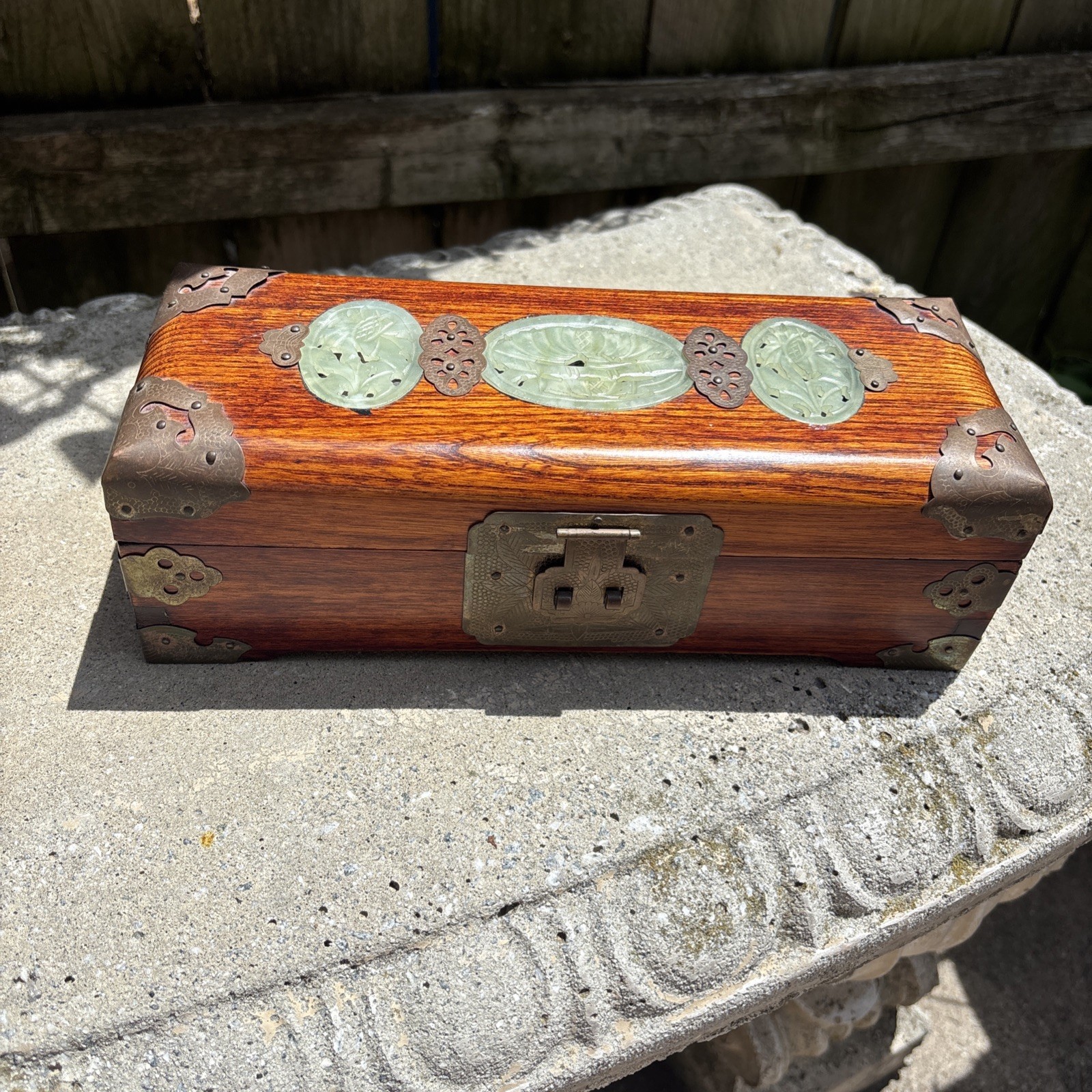 Vintage Chinese Jewelry Box Rosewood With Brass and Jade Design red Silk VGC…