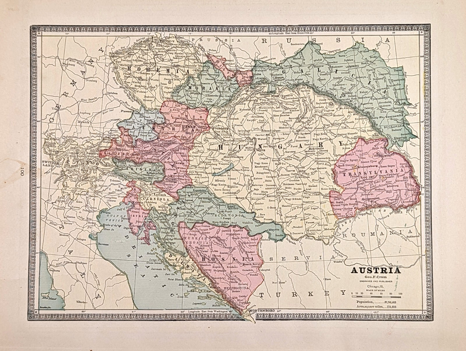 1897 AUSTRIA – HUNGARY Map ORIGINAL – VIENNA – PRAGUE – GRATZ – ORIGINAL