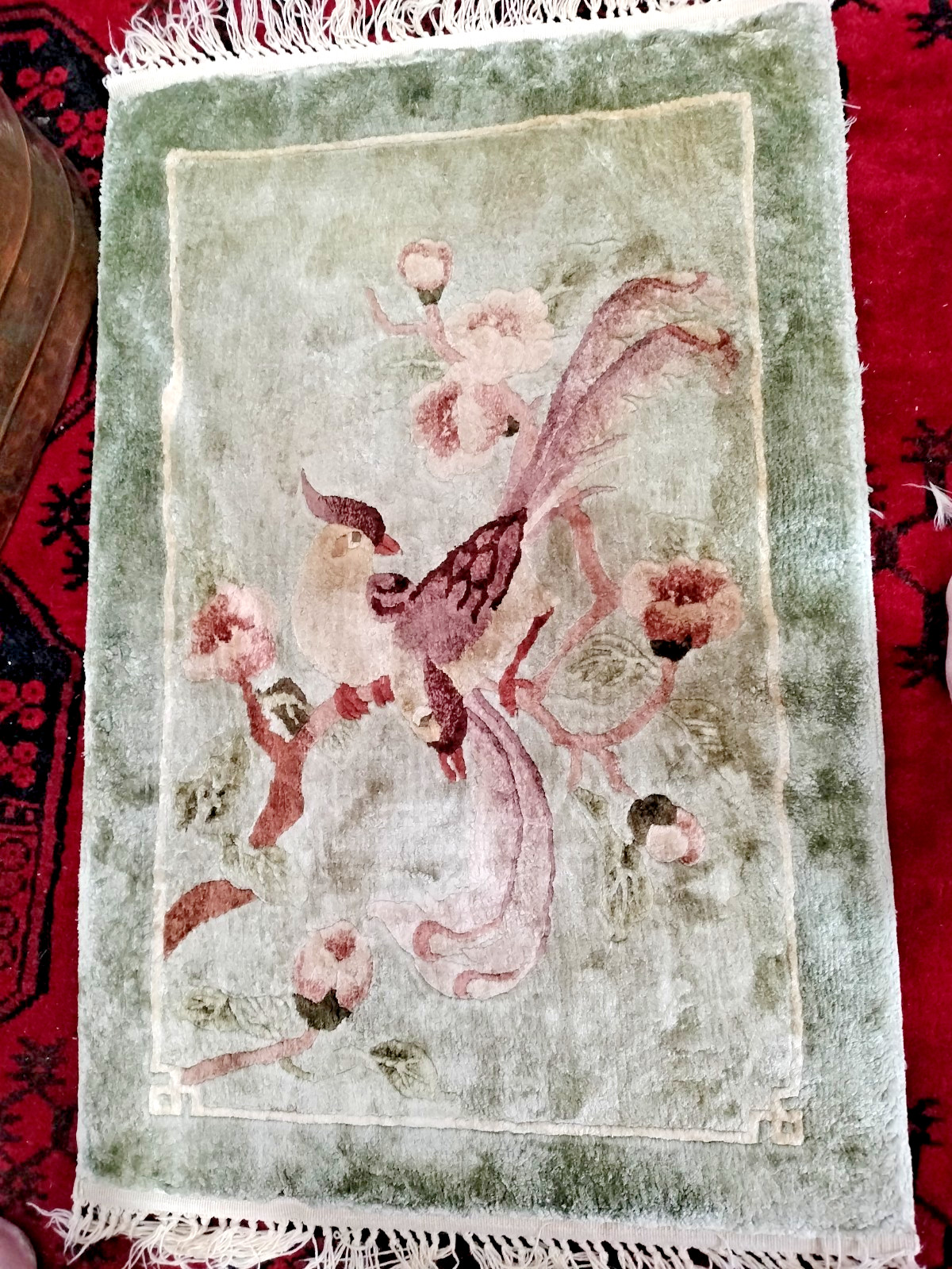 Vintage Small Chinese Silk Woven Rug Tapestry Crane Bird Pond Decoration 24″x16″