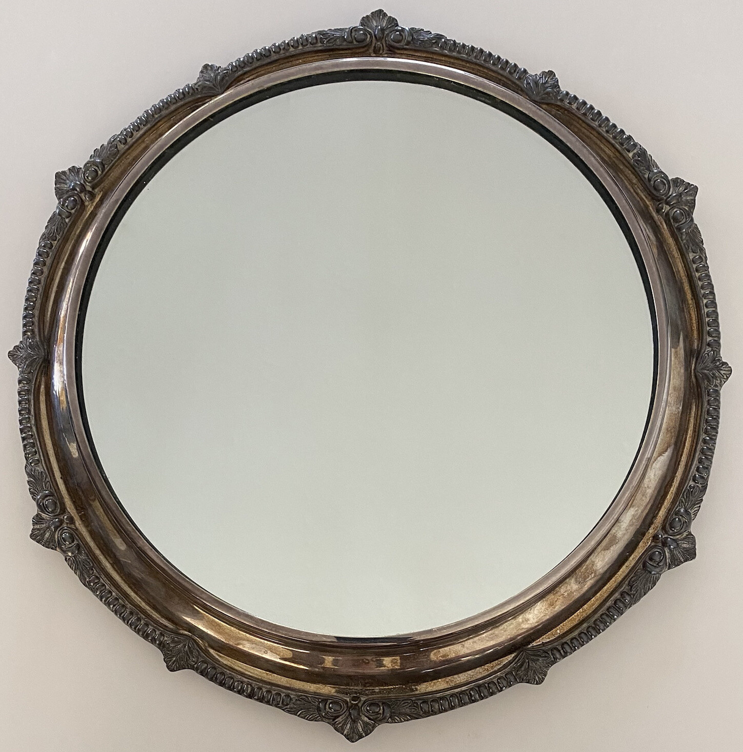 Vintage Silver Plated Victorian Style Ornate Floral Round Plateau Vanity Mirror