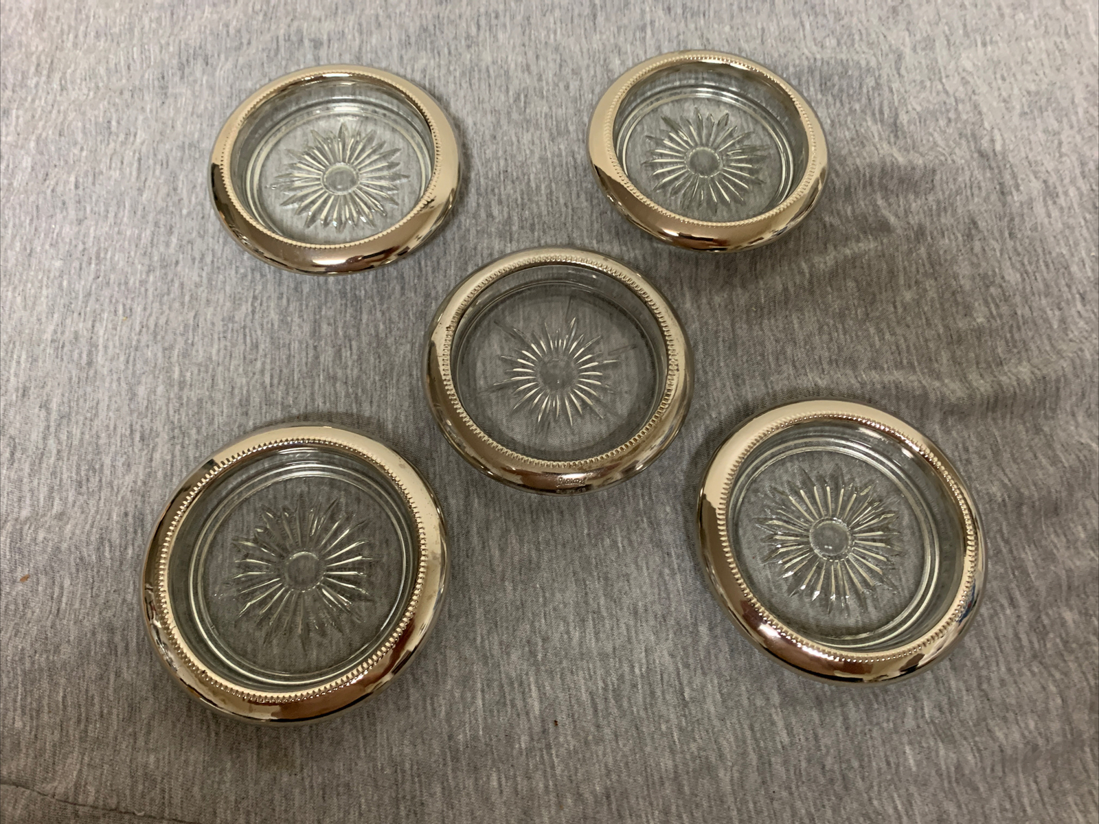 Vintage Leonard Silver Plate Crystal Starburst Coaster Set of 5 Italy