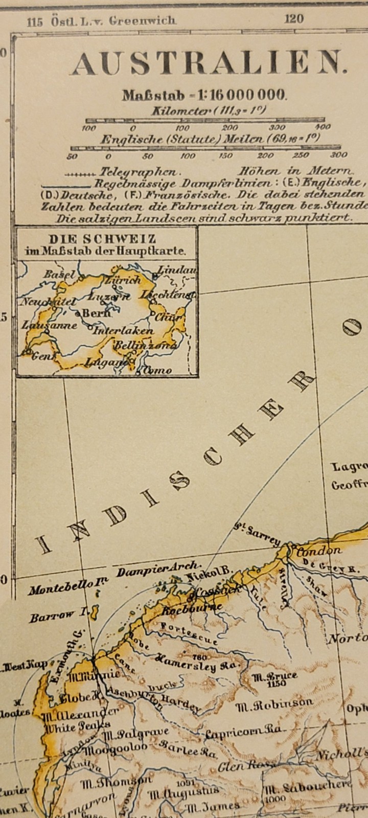 1889 color lithographed German map Meyers Australia Tasmania