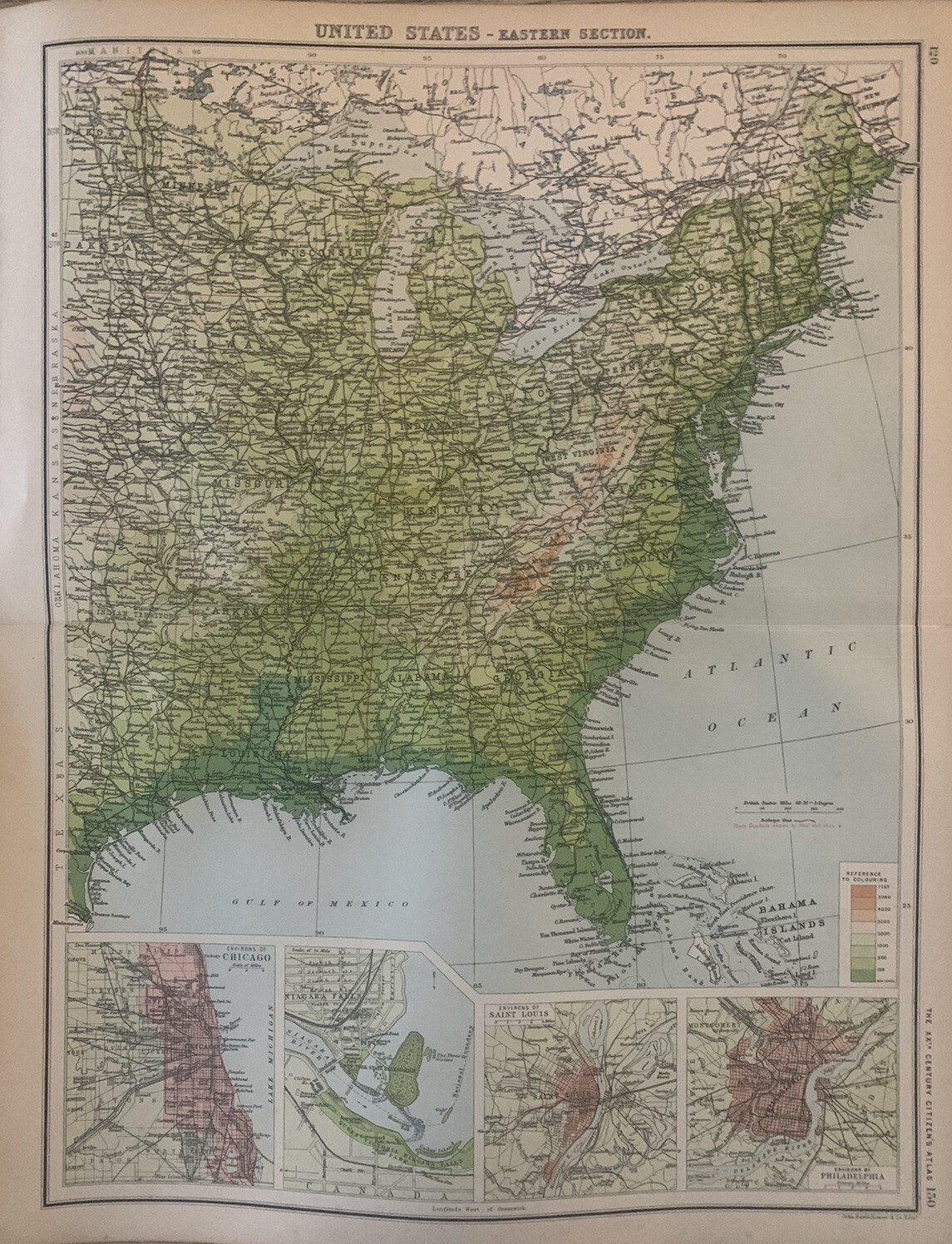1902 Eastern United States Railways and Physical Antique Map by John Bartholomew
