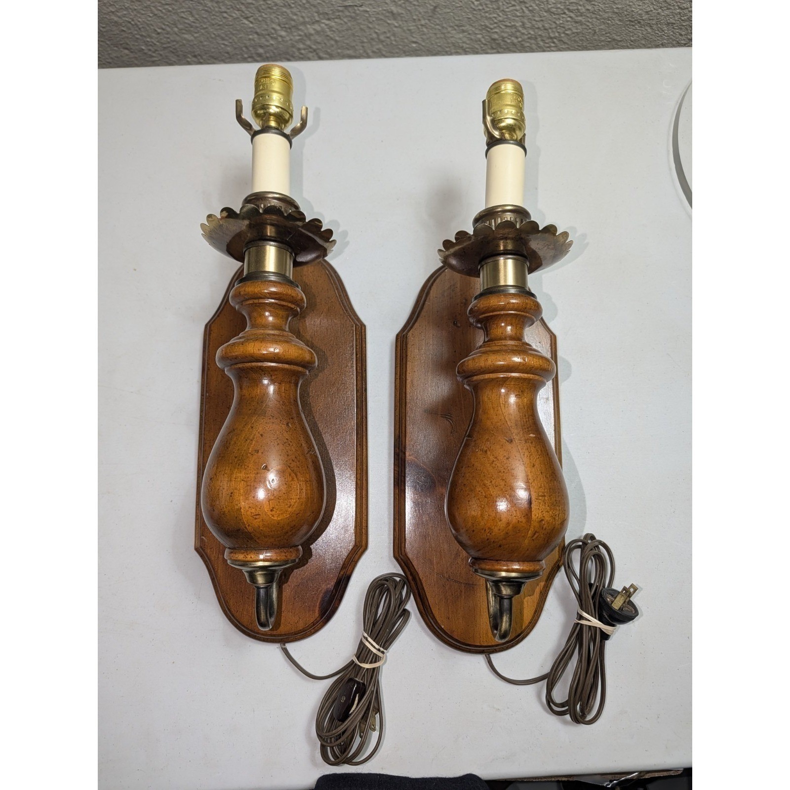 Vintage Wood Sconce Lamp Wall Fixture Set Of Two MCM Rustic Country Decor