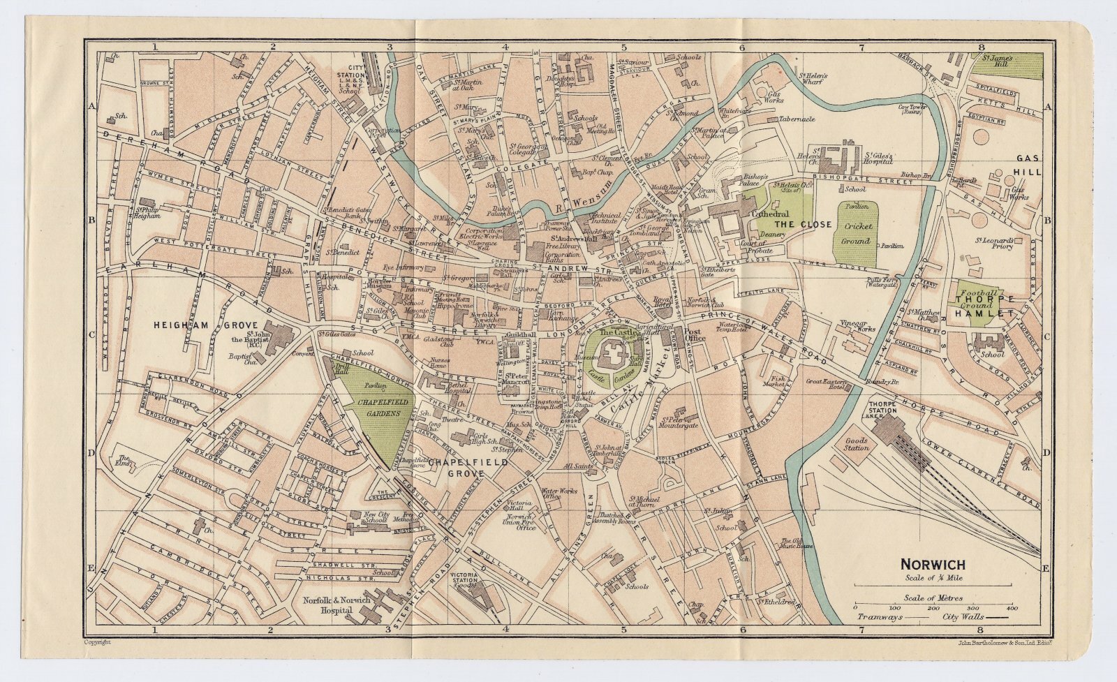 1924 ORIGINAL VINTAGE CITY MAP OF NORWICH / NORFOLK / ENGLAND