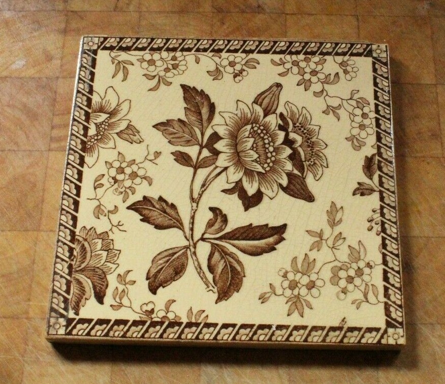 antique ENGLISH brown and white FLOWERSN vintage tile